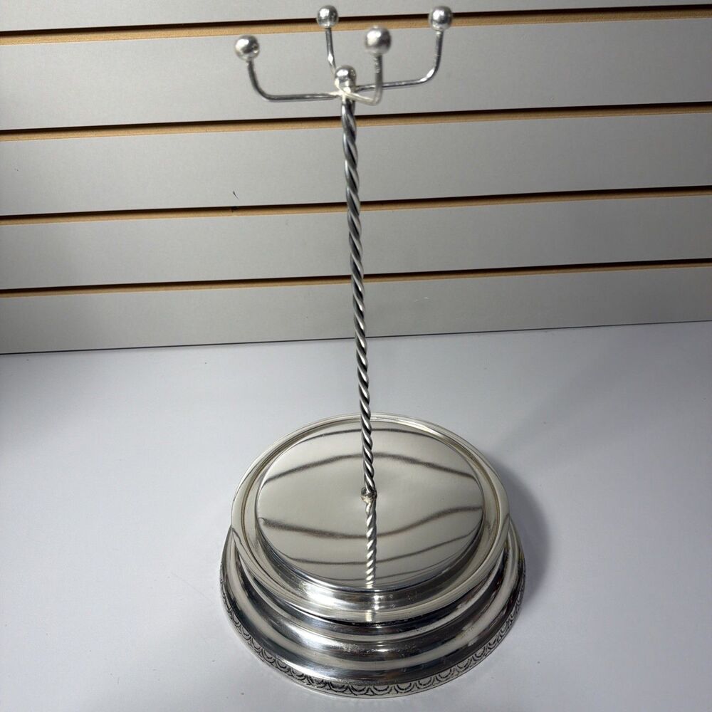 Pottery Barn Brushed Silver Jewelry Necklace Stand 14” Tall Engraved Design
